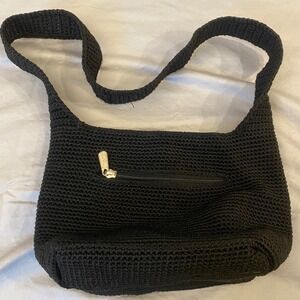 The Sak Crochet Hobo Bag Black Shoulder Bag Zipper Pocket